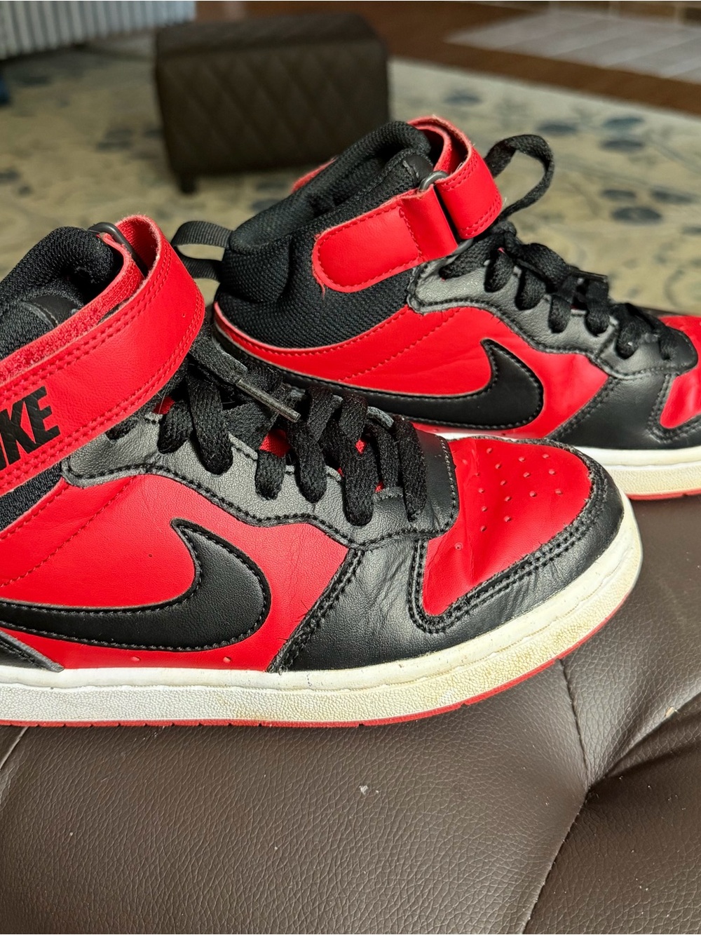 Nike Kids Red and Black High-Top Sneakers with Velcro Strap